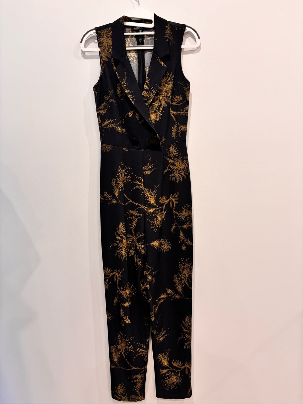 Dynamite Sleeveless Black Jumpsuit with Gold Floral Print